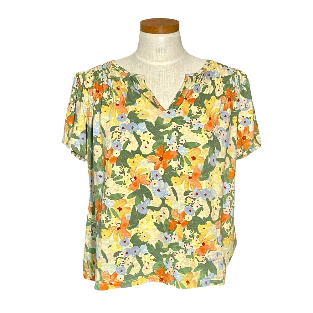L.L. BEAN 100% Organic Cotton Boxy Floral Short Sleeve V-Neck Top Sz L
